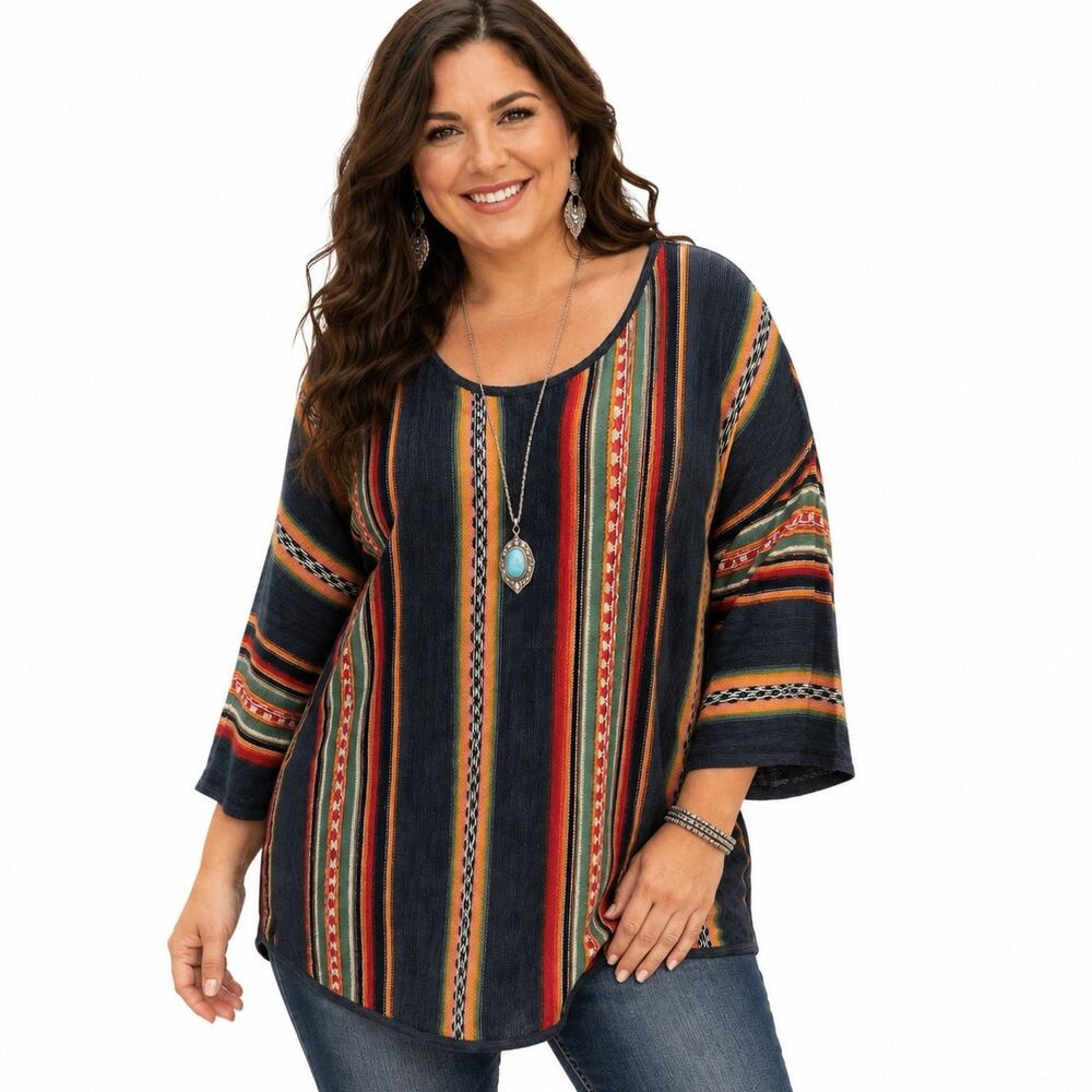 Chaps Western Sweater Womens Size 2X Aztec Striped 3/4 Sleeve Linen Cotton